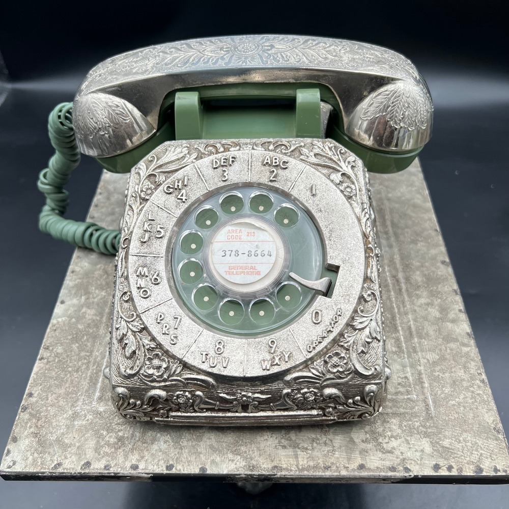 Vintage 70s Western Electric 500DM Rotary Telephone Green Silver Ornate Retro